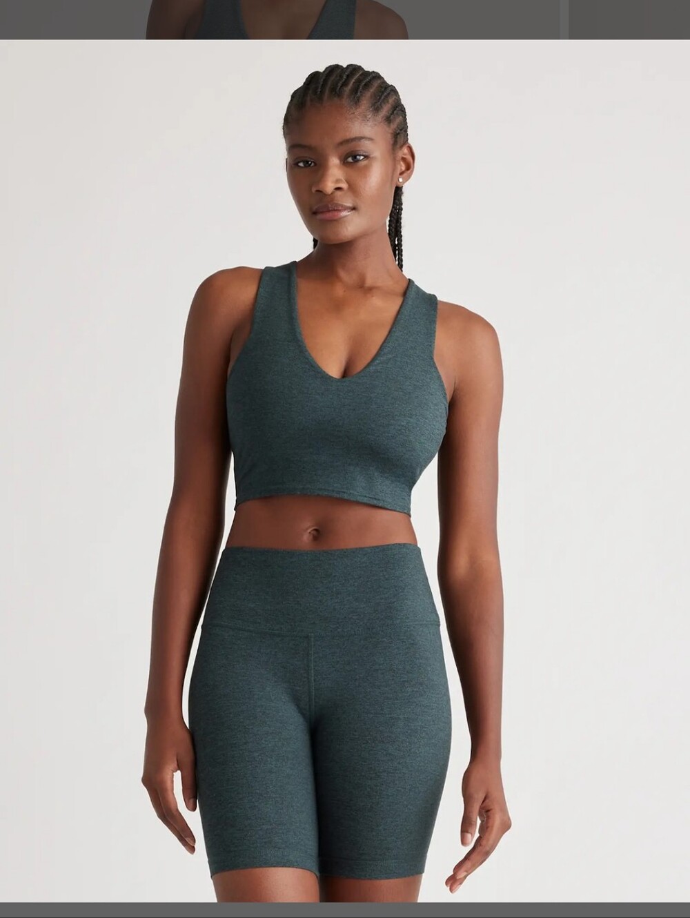 Quince Heather Green Ultra-Soft V-Neck Cropped Tank And 7" Bike short Set Medium